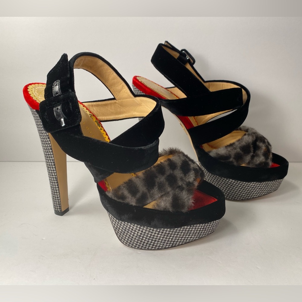 Charlotte Olympia fur velvet sandals heels black multi 38.5/8.5